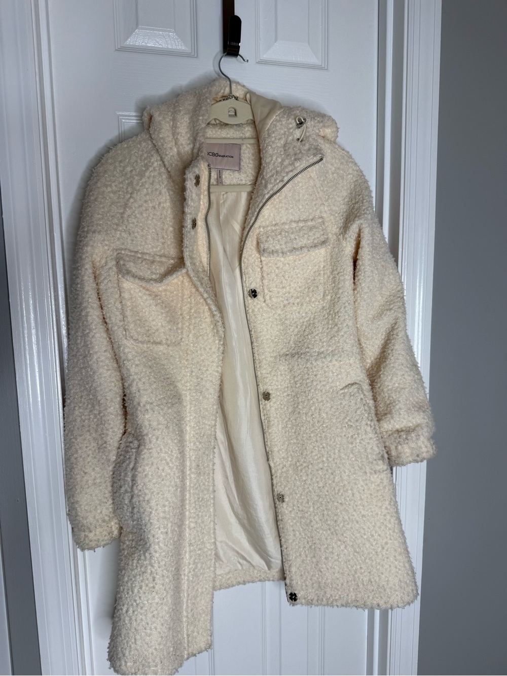 BCBGeneration Cozy Cream Bouclé Hooded Coat